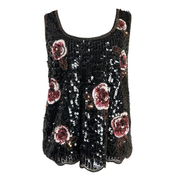 Forever 21 Top Black Pink Floral Sequin Beaded Sleeveless Whimsigoth Party Tank - Picture 2 of 9